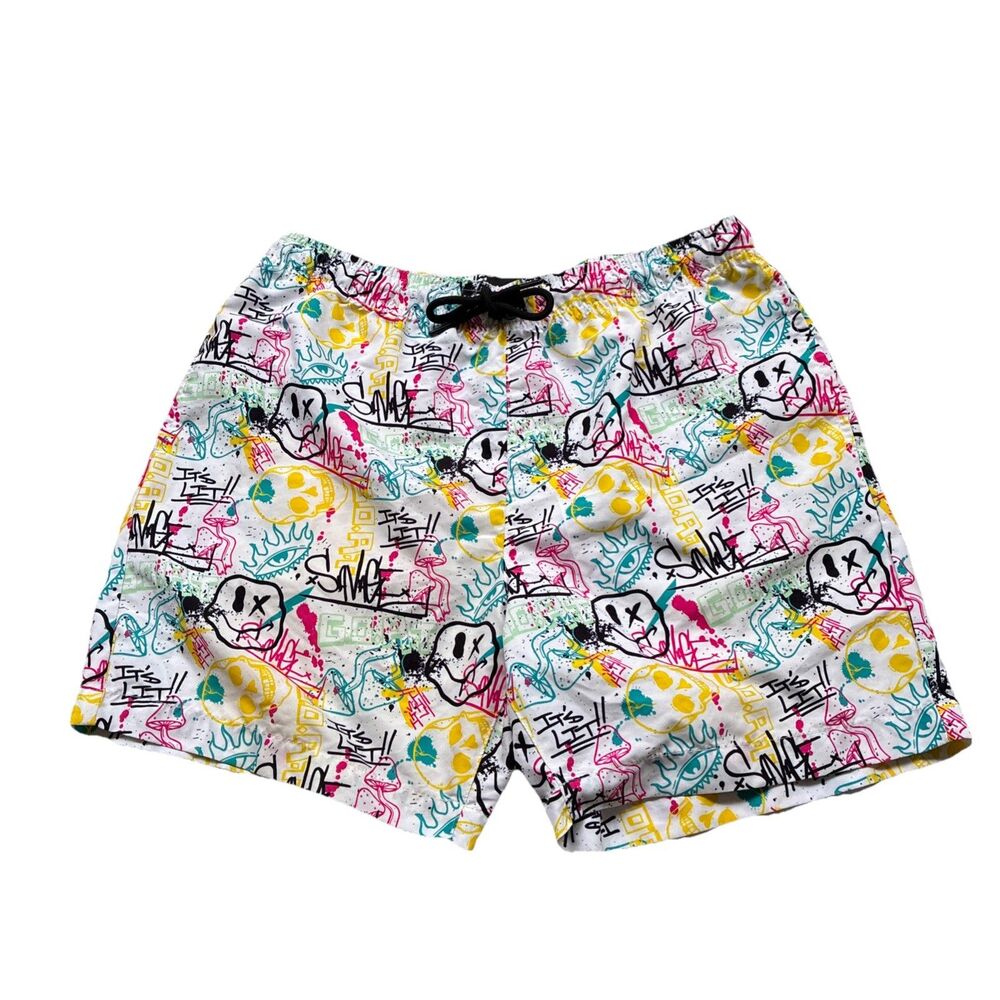 WXYZ Swim Trunks Mens Size M White All Over Graffiti Print Bathing Suit Y2K